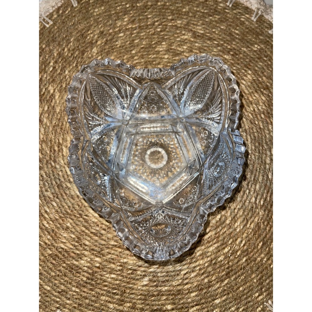Vintage Heart Shaped Cut Glass Trinket Dish Sawtooth Rim Clear Crystal Bowl